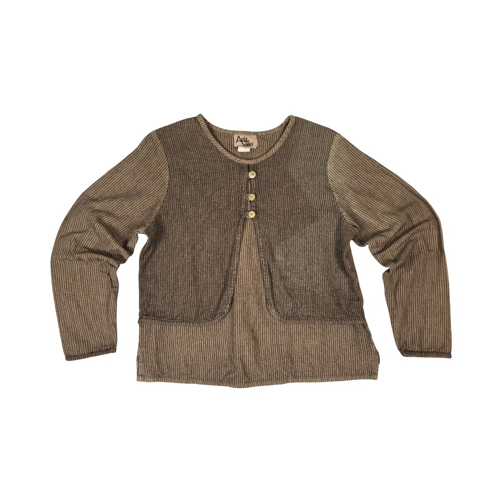 Boho Lagenlook Brown Textured Knit Sweater Layered Button Top Earth Tones Artsy